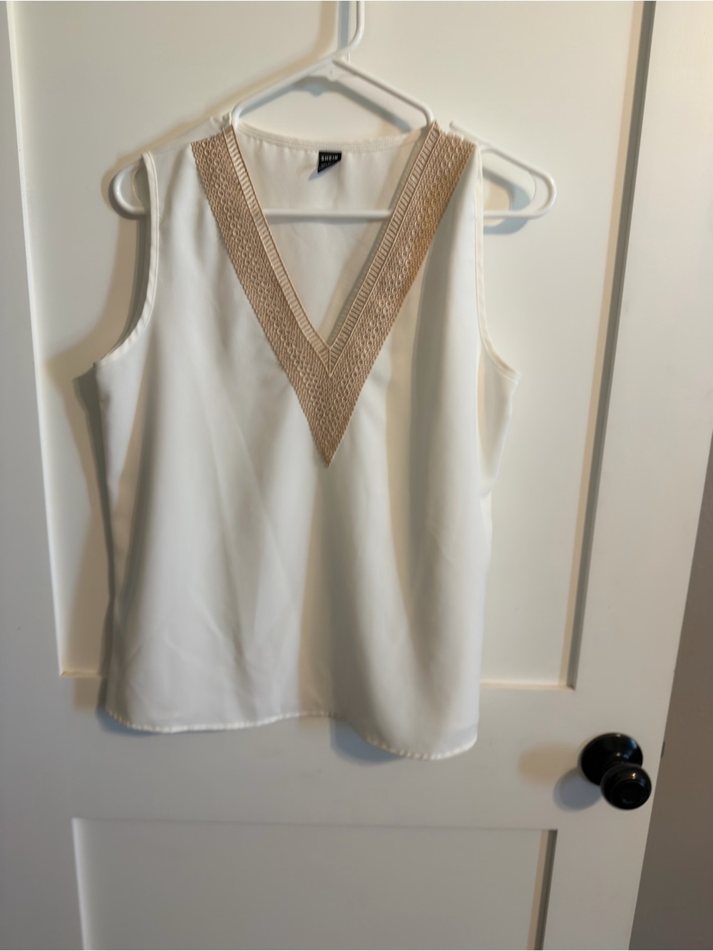 SHEIN White Sleeveless V-Neck Tank with Beige Crochet Trim